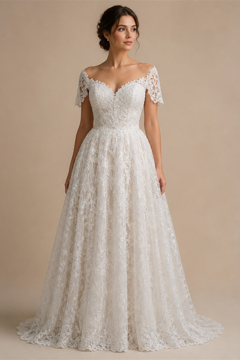 Off White Elegant Lace Pearl Embroidery Ball Gown Wedding Dress ZP168