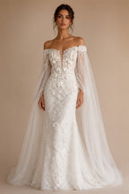 White  Off‑The‑Shoulder Puff Sleeve 3D Floral Mermaid Wedding Dress ZP005