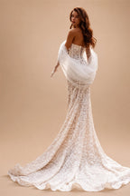 White Nude Lace Mermaid Wedding Dress Luxury Beaded Sequins   Tulle Gloves ZP032
