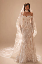 Elegant Ivory Sweetheart Neckline Sheer Lace Mermaid Wedding Dress with Veil ZP133