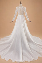 Glamorous White Long Sleeve Lace Wedding Dress with Removable Chiffon Overlay ZP058