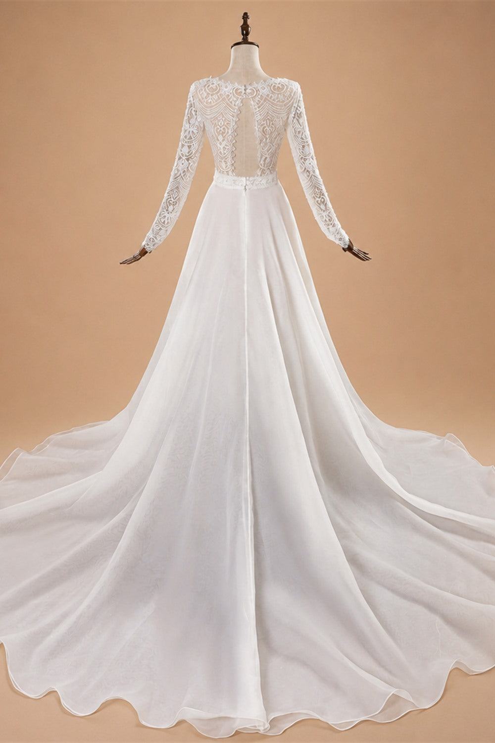 Glamorous White Long Sleeve Lace Wedding Dress with Removable Chiffon Overlay ZP058