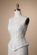 White Nude  Mermaid Wedding Dress Beaded Chain Detailing With Lace Train  ZP039