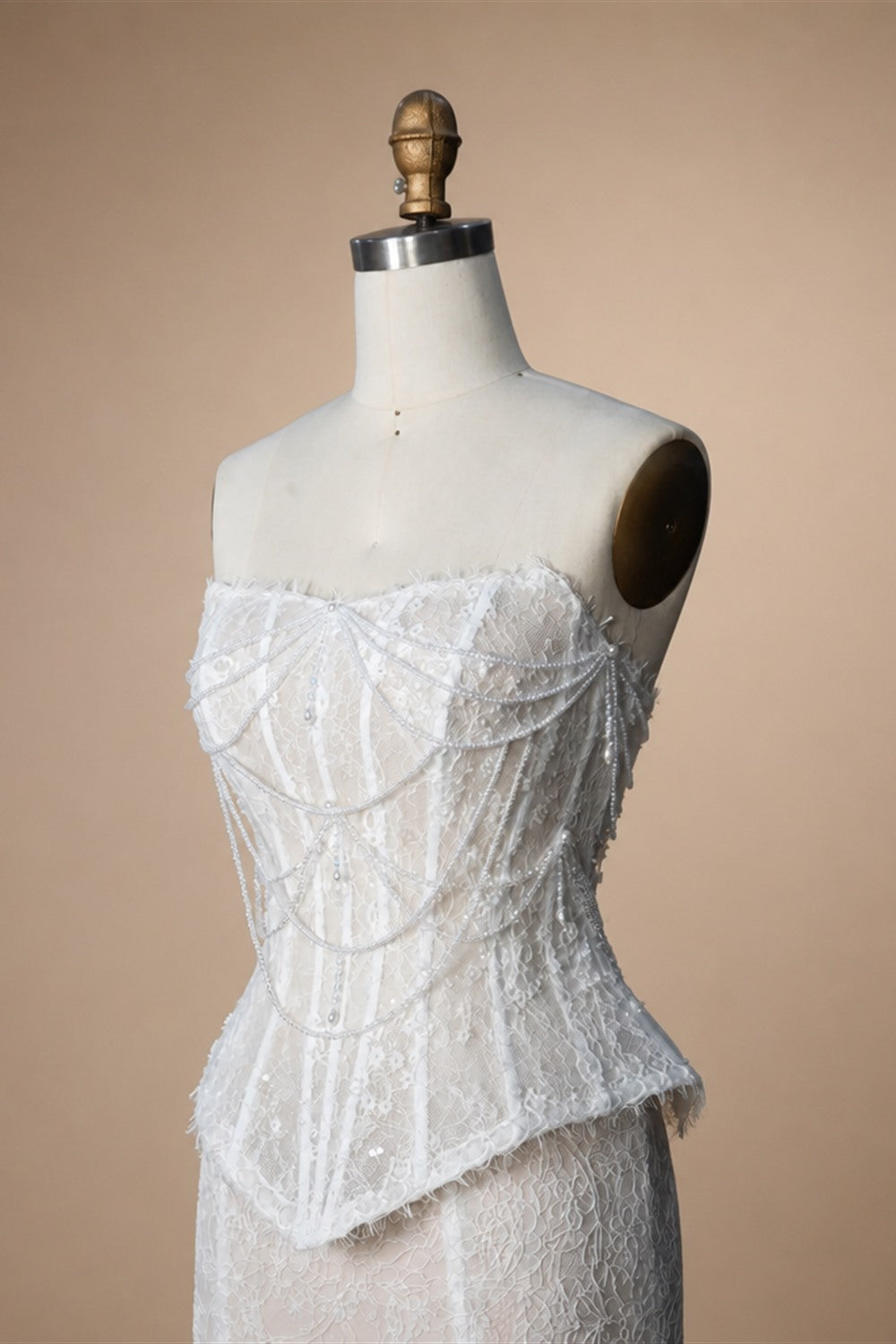 White Nude  Mermaid Wedding Dress Beaded Chain Detailing With Lace Train  ZP039