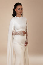 Ivory Minimalist Modest Mermaid Beaded Satin Wedding Dress  Sweep Train ZP031