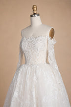 White Lace and Tulle Ball Gown Wedding Dress Off the Shoulder Beaded Bridal Dress ZP013