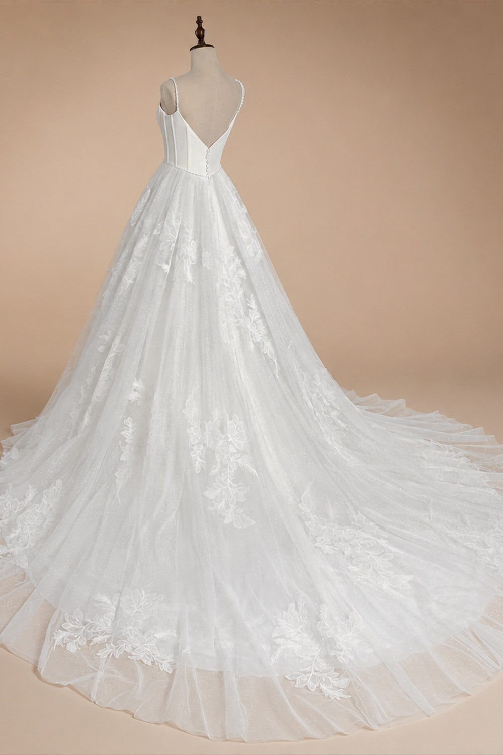Elegant White Spaghetti Strap Satin Bodice Lace Tulle Wedding Dress with Train ZP065