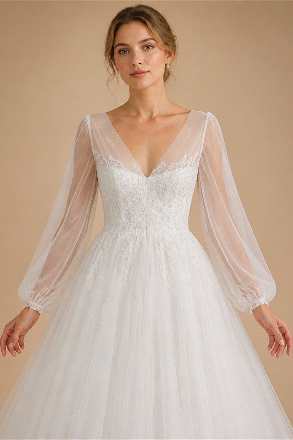 Elegant White Long Sheer Sleeve A-Line Tulle Wedding Dress with Lace Appliqués ZP057