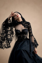 Black Luxury Gothic  Wedding Dress Sheer Lace Ball Gown  ZP029