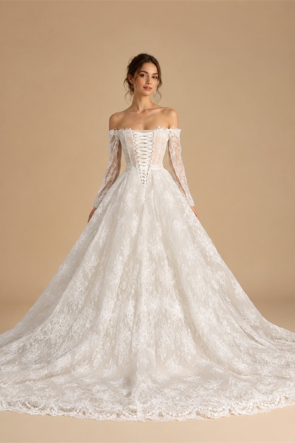 White Lace Mermaid Wedding Dress Off the Shoulder with Detachable Train and Long Sleeves ZP014