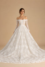 White Lace Mermaid Wedding Dress Off the Shoulder with Detachable Train and Long Sleeves ZP014