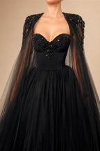 Black Luxury Gothic  Wedding Dress Beaded Tulle Ball Gown With Sheer Beaded Cape ZP028