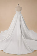 White Satin Strapless Wedding Dress Lace Appliques Sweetheart Neckline Ball Gown ZP010