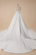 White Satin Strapless Wedding Dress Lace Appliques Sweetheart Neckline Ball Gown ZP010