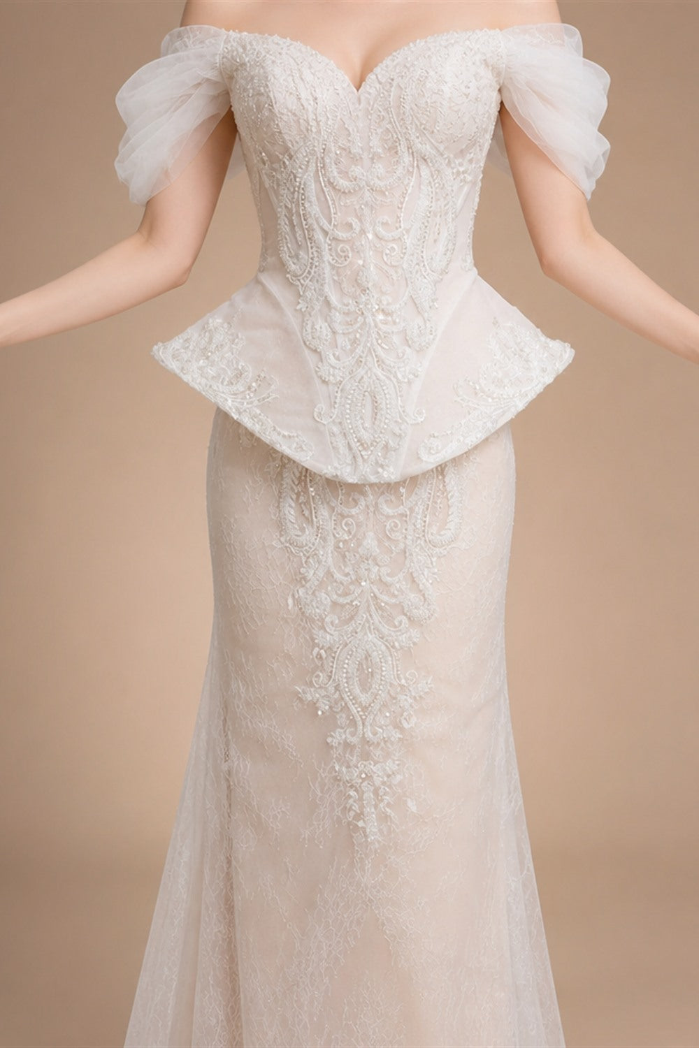 Luxury Ivory Off-the-Shoulder Lace Corset Tulle Train Wedding Dress ZP135