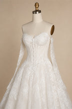 White Floral Lace Ball Gown Wedding Dress with Sweetheart Neckline and Detachable Long Sleeves ZP015