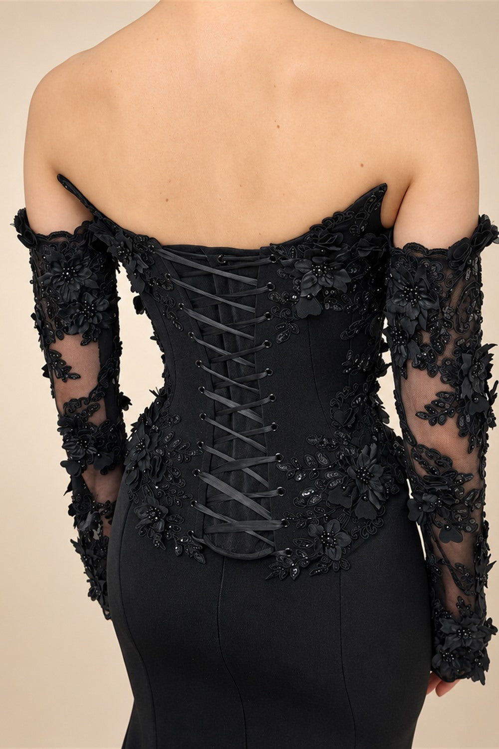 Black Luxury Gothic Wedding Dress Mermaid 3D Floral Lace  ZP195