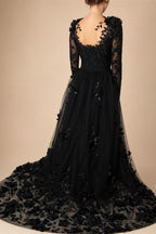 Black Luxury Gothic Wedding Dress 3D Floral Lace Tulle Sweep Train ZP026