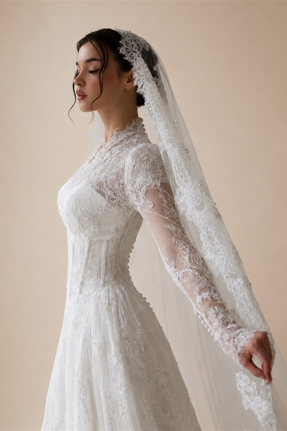 Romantic White Lace Long Sleeve A-Line Wedding Dress with Veil ZP109