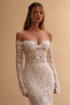 Bohemian Ivory Off-the-Shoulder Sheer Lace Mermaid Wedding Dress with Veil ZP128