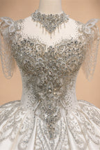Luxury Satin Ivory Ball Gown with Silver Floral Embroidery Wedding Dress ZP165