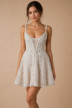 Luxury Ivory Beaded Lace Short Wedding Dress with Lace-Up Corset Back ZP059