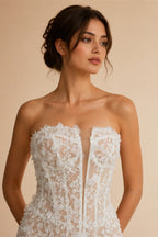 White Nude Lace Fairytale  Mermaid Wedding Dress 3D Floral  Train  ZP037