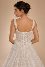 Luxury Ivory Square Neck Corset Lace Tulle A-Line Wedding Dress with Train ZP064