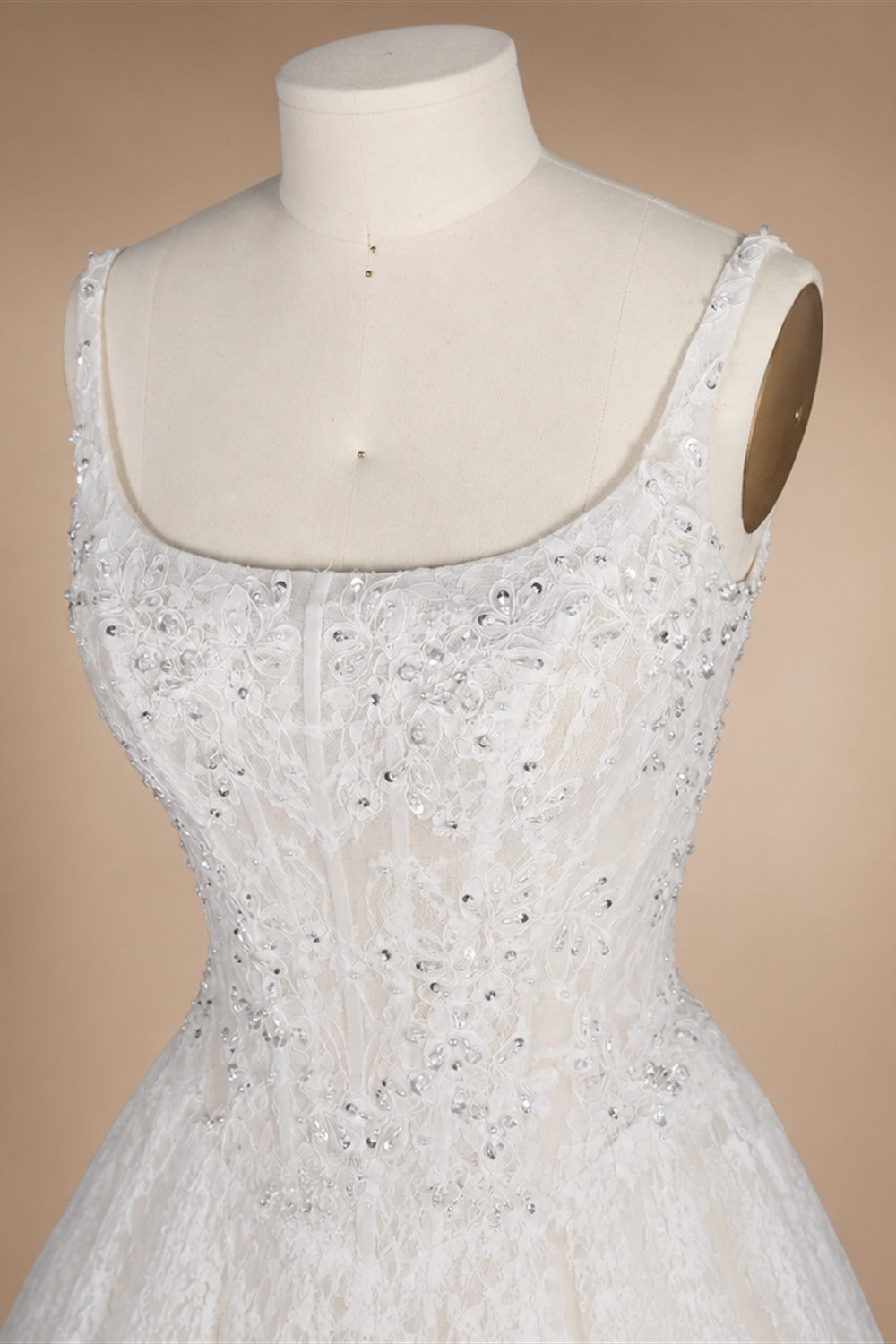 White Lace Spaghetti Strap Bridal Gown Square Neck Beaded Corset Ball Gown ZP012