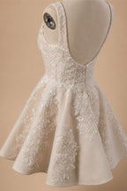 Romantic Champagne Sleeveless A-Line Short Wedding Dress with Deep V Back ZP046