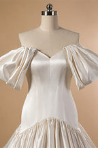 Romantic White Satin Off-the-Shoulder Puff Sleeve Ball Gown Wedding Dress ZP113