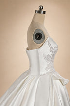 Luxury White Satin Strapless Beaded Ball Gown Train Wedding Dress ZP152