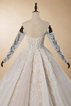 Elegant Ivory Strapless Corset Lace Tulle Bridal Gown Wedding Dress with Long Detachable Sleeves ZP067