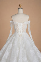 White Lace Mermaid Wedding Dress Off the Shoulder with Detachable Train and Long Sleeves ZP014