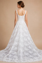 White Lace Spaghetti Strap Bridal Gown Square Neck Beaded Corset Ball Gown ZP012