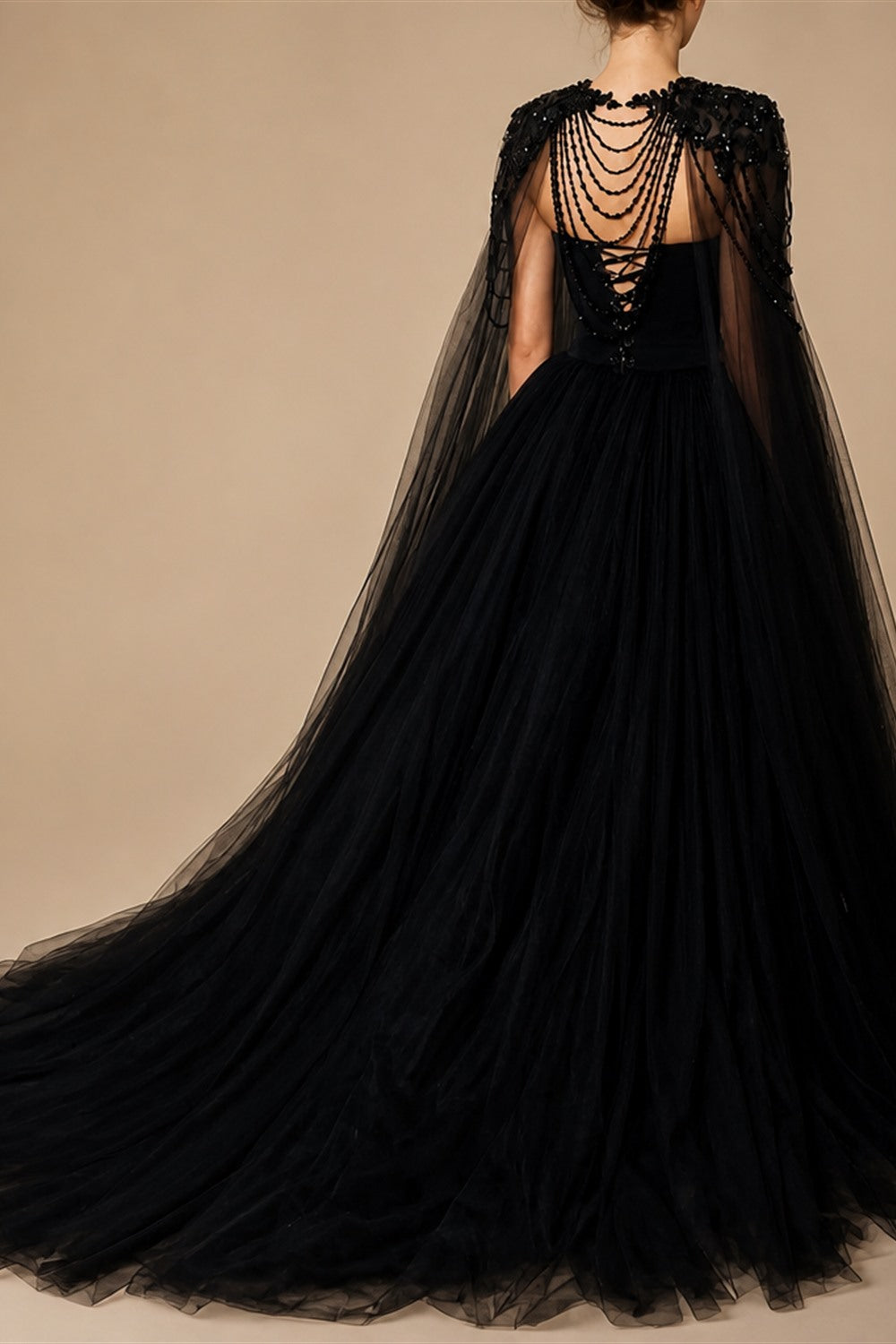 Black Luxury Gothic  Wedding Dress Beaded Tulle Ball Gown With Sheer Beaded Cape ZP028