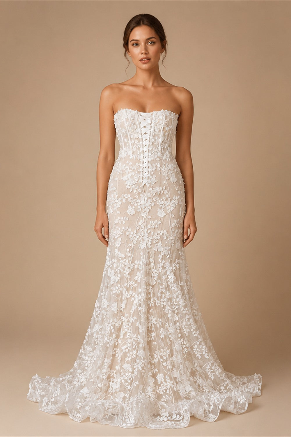 White Nude Lace Fairytale  Mermaid Wedding Dress 3D Floral  Train  ZP037