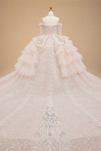 Luxury Embroidery Puff Sleeve Ball Gown Wedding Dress ZP156