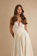 Luxury Spaghetti Strap V-Neck Lace Satin A-Line Wedding Dress with Veil ZP040
