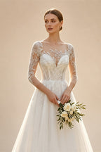 Glamorous White Illusion Neck Lace & Tulle Wedding Dress with Cathedral Train ZP063