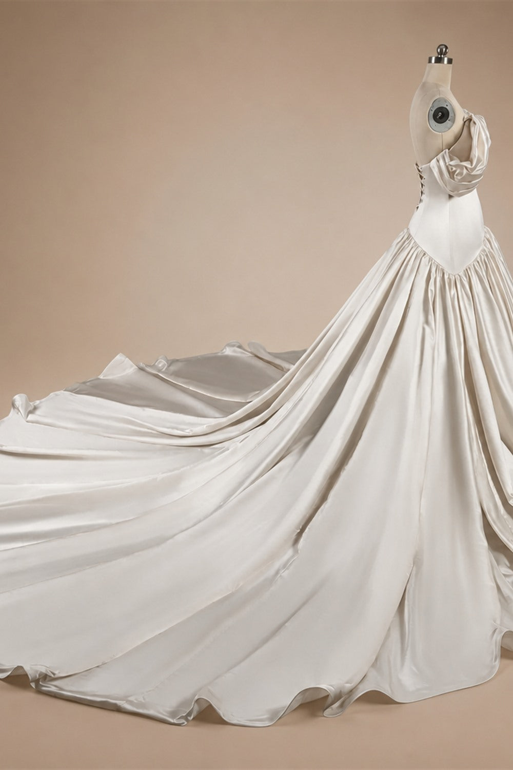 Romantic White Satin Off-the-Shoulder Puff Sleeve Ball Gown Wedding Dress ZP113