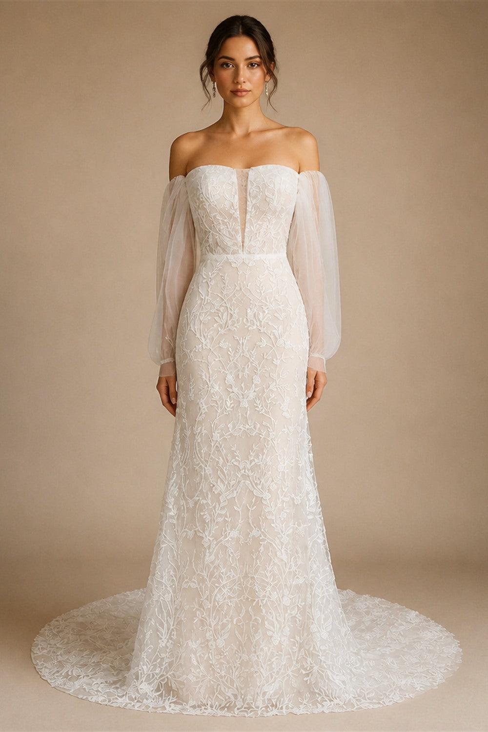 White Nude Lace Mermaid Wedding Dress Luxury Beaded Sequins   Tulle Gloves ZP032