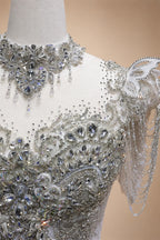 Luxury Satin Ivory Ball Gown with Silver Floral Embroidery Wedding Dress ZP165