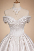 Off the Shoulder White Satin Ball Gown Flower Girl Dress with Long Cathedral Train ZP017