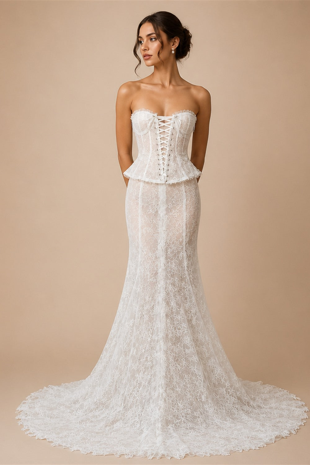 White Nude  Mermaid Wedding Dress Beaded Chain Detailing With Lace Train  ZP039