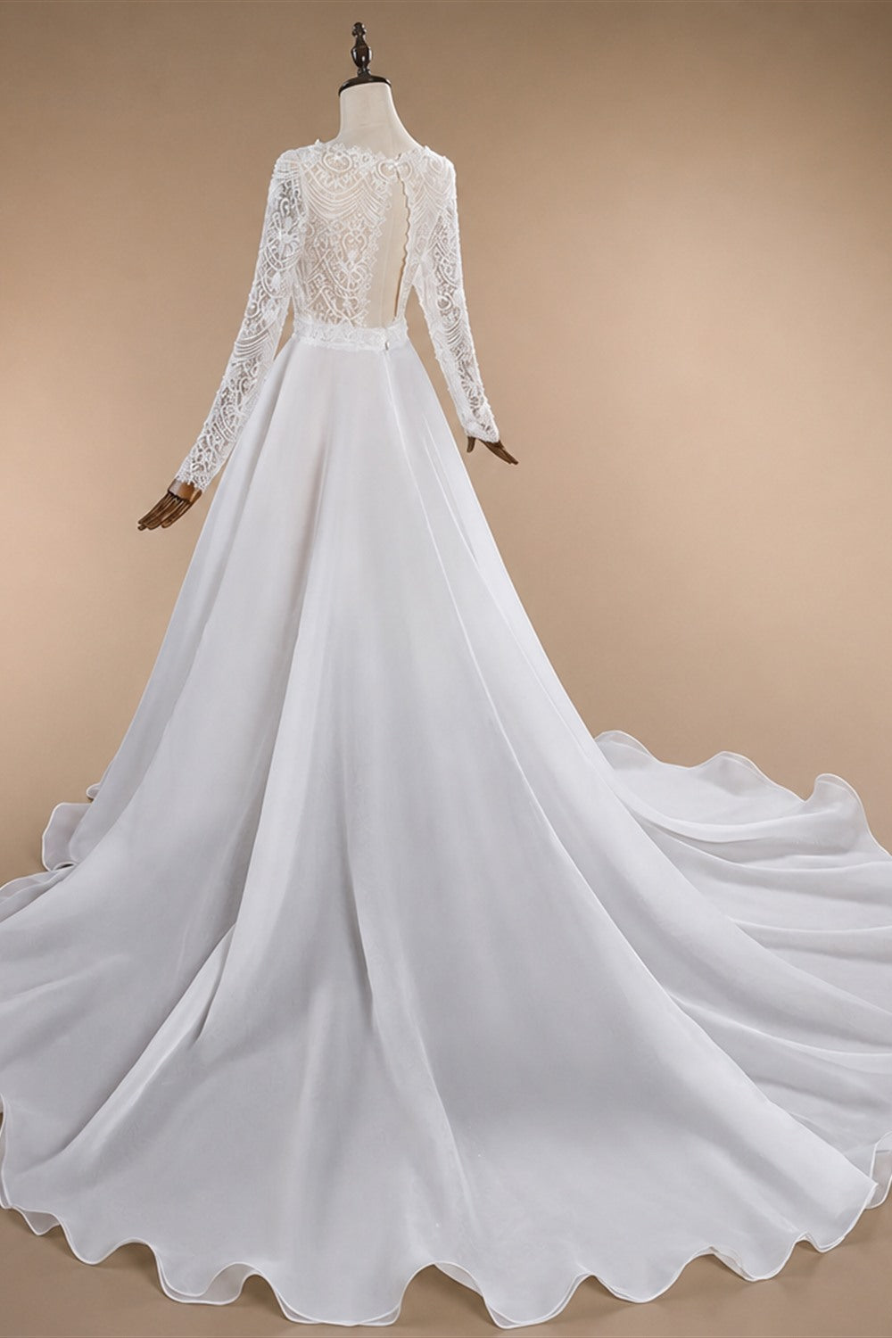 Glamorous White Long Sleeve Lace Wedding Dress with Removable Chiffon Overlay ZP058