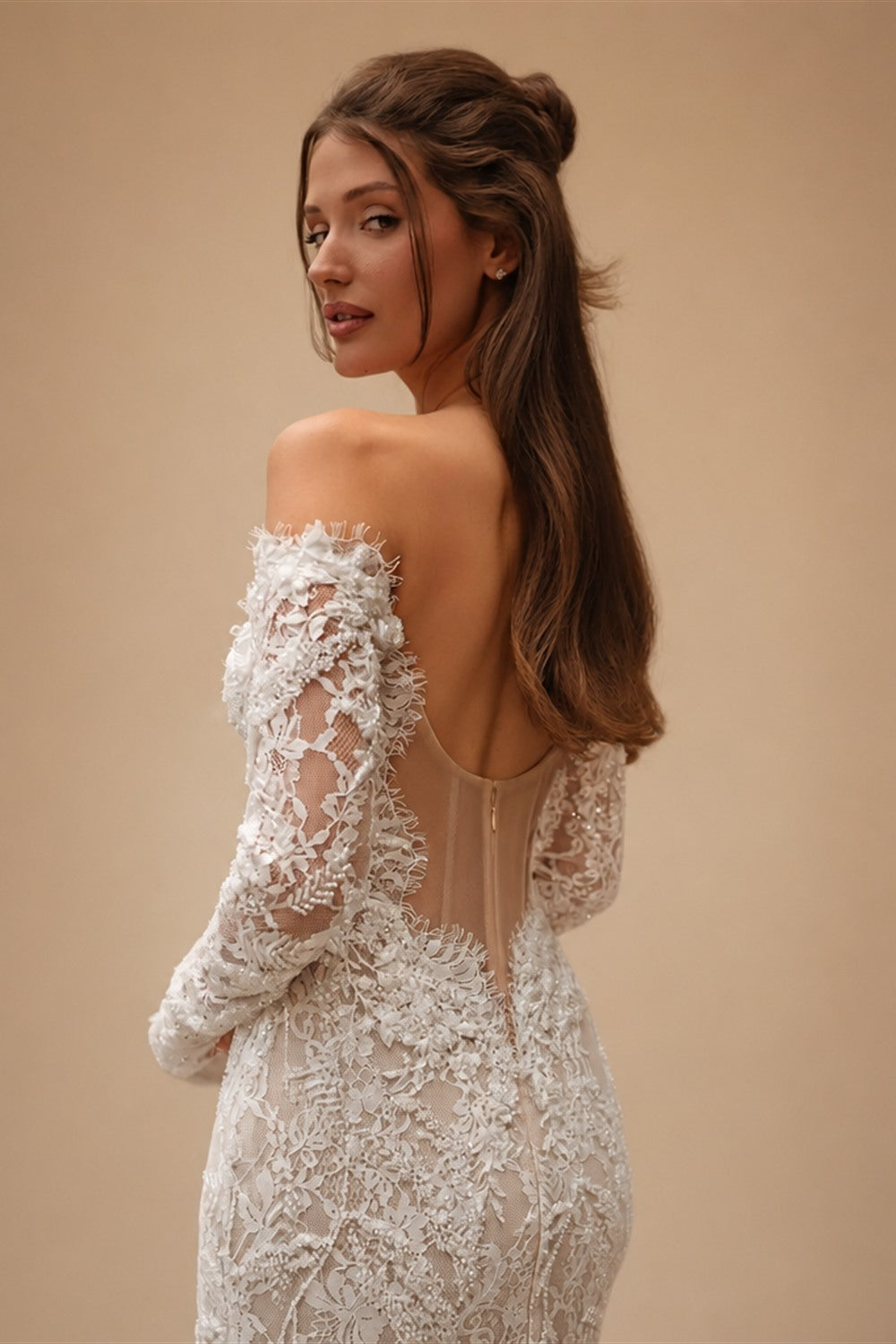 Bohemian Ivory Off-the-Shoulder Sheer Lace Mermaid Wedding Dress with Veil ZP128