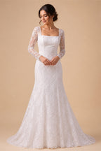 White  Off‑The‑Shoulder Puff Sleeve 3D Floral Mermaid Wedding Dress ZP005