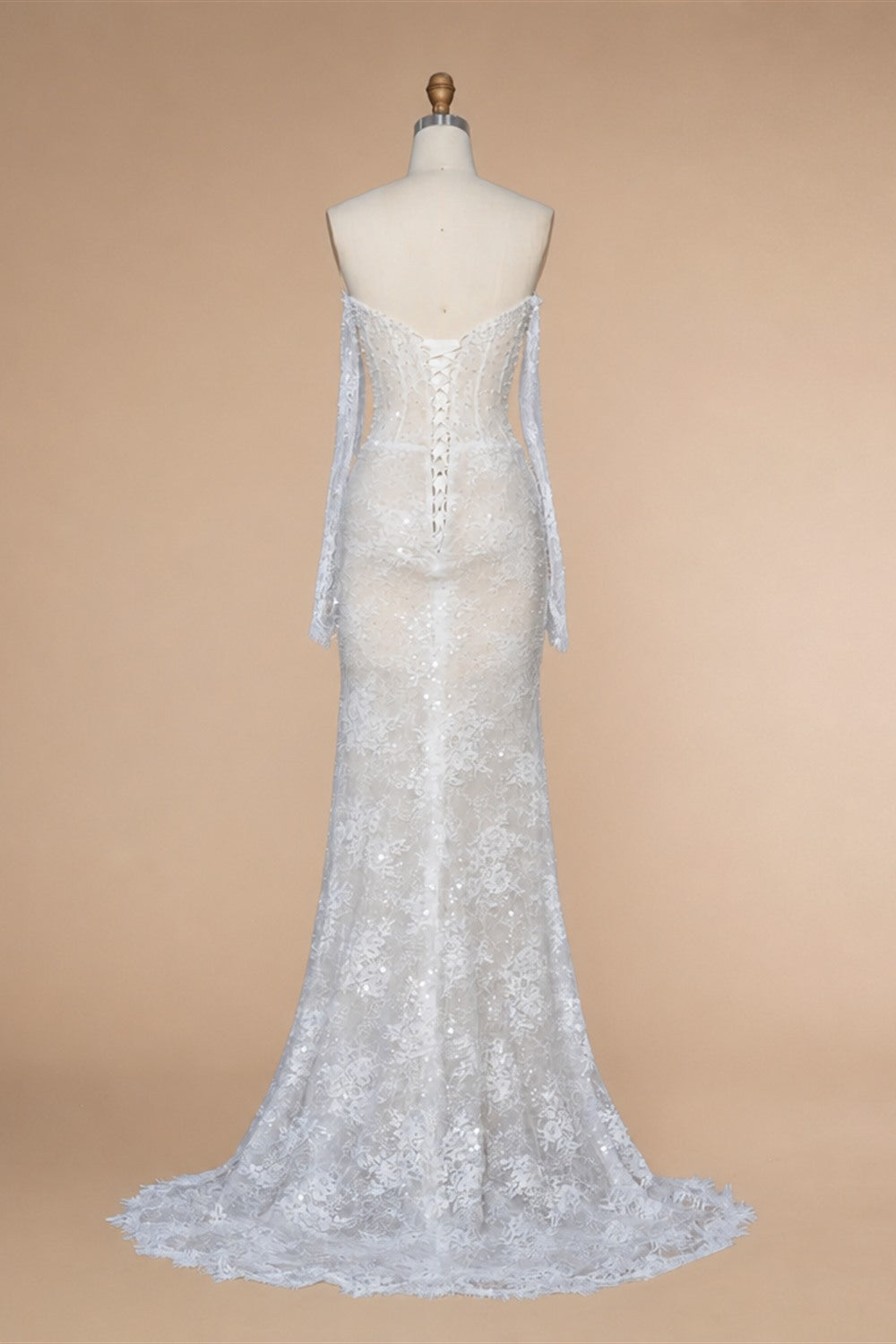 White Boho Romantic Lace Mermaid Wedding Dress Beaded Sequins With Lace Train ZP038