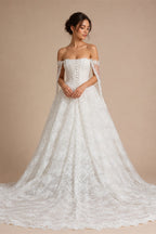 White Floral Lace Ball Gown Wedding Dress with Sweetheart Neckline and Detachable Long Sleeves ZP015